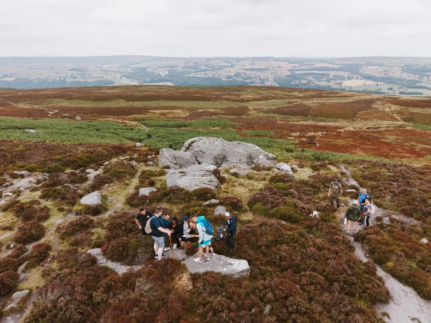 Aerial view of a Hike Yorkshire group walking on Ilkley Moor