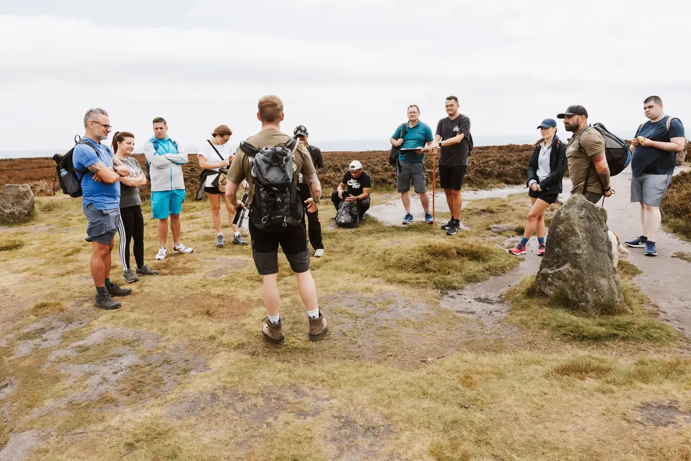 Walkers on the open moorland above Ilkley
