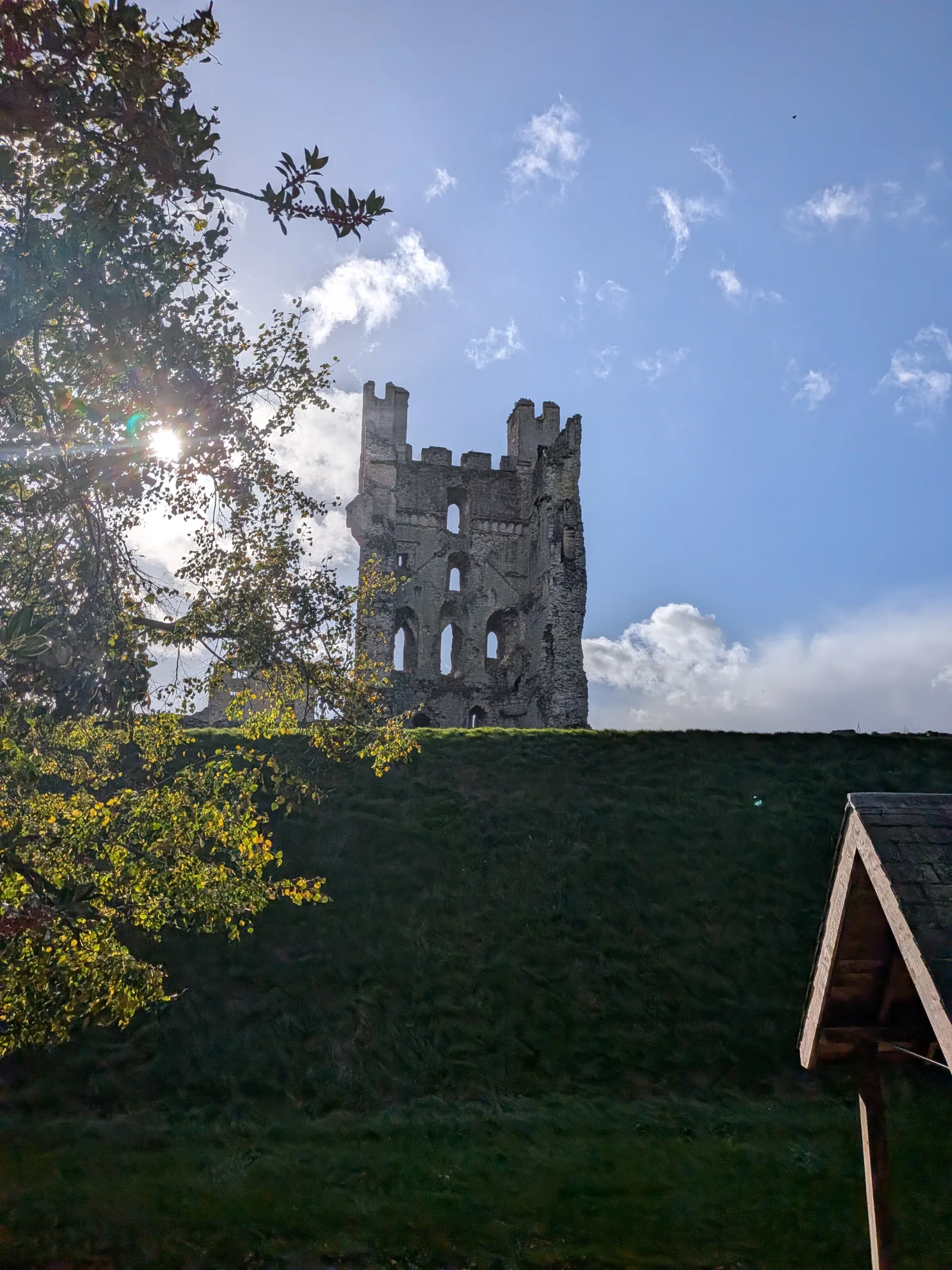 Helmsley Castle ruins seen through autumn trees