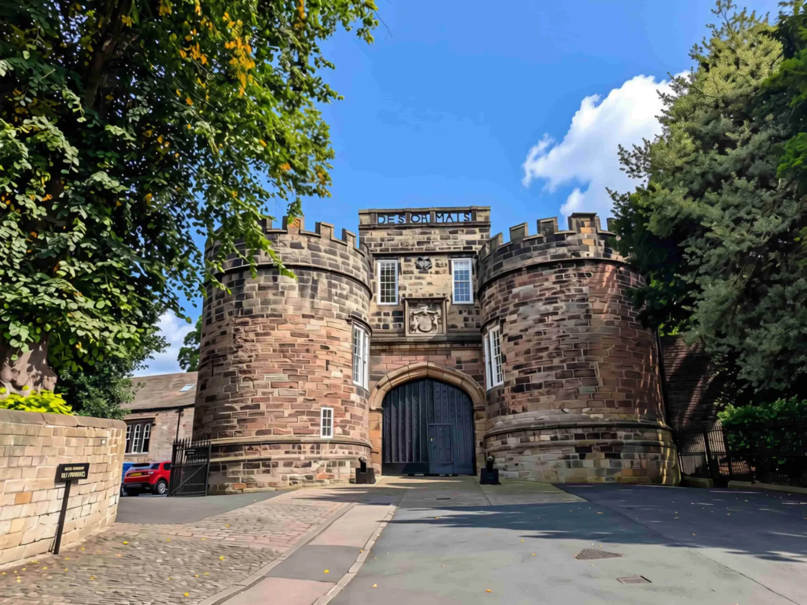 Skipton Castle gatehouse at the top of the High Street